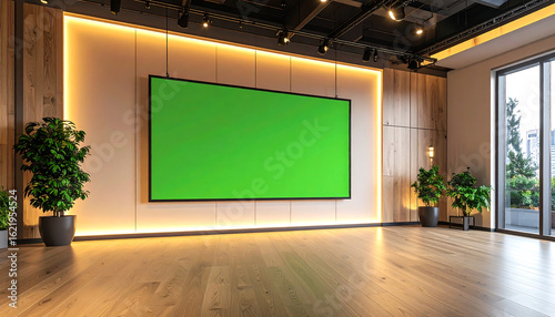 A modern studio with a green screen for film, TV, and online content, Empty television studio for virtual production and immersive technology applications