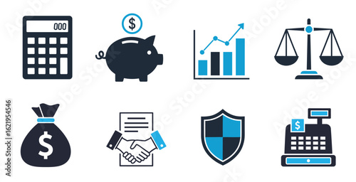 Professional accounting vector icons set including calculator ledger book invoice tax form and financial document symbols for business finance applications