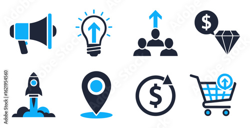 Advertising vector icons pack with social media promotion digital marketing ad campaign billboard signage and branding symbol collection for marketing projects