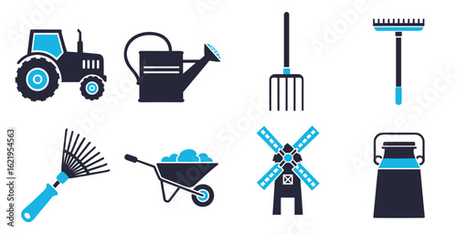 Agricultural tools vector icons set including tractor plow shovel rake hoe watering can and farming equipment symbols for agriculture projects