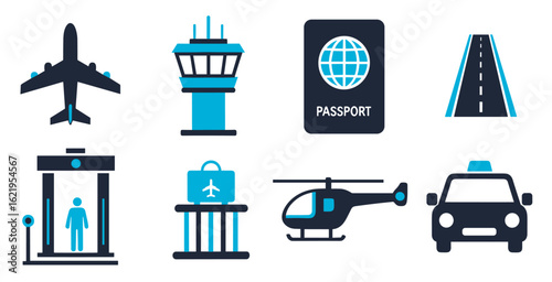 Airport travel vector icons set with airplane luggage passport control boarding pass security check and transportation symbols for aviation projects