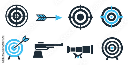 Target and aim vector icons collection featuring bullseye goal setting focus point precision shooting and objective symbols for sports business applications