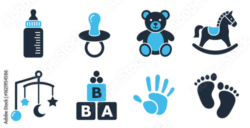 Baby care vector icons collection with diaper bottle stroller pacifier onesie and infant product symbols for parenting applications