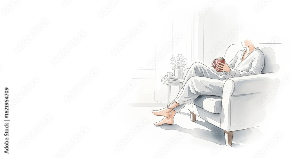 Obraz premium Home Relaxation: Cozy Chair, Warm Drink - Peaceful moment, enjoying a warm beverage in a comfortable armchair. Symbolizes relaxation, comfort, home, warmth, and tranquility