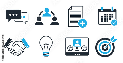 Teamwork collaboration vector icons set including group meeting partnership handshake and network symbols