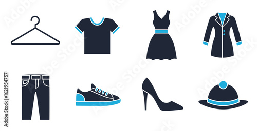 Fashion clothes vector icons set featuring t-shirt pants dress jacket shoes and wardrobe symbols