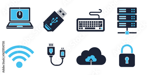 Computer and tech vector icons collection with laptop monitor keyboard coding and digital device symbols