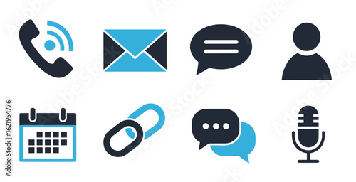 Contact and communication vector icons set featuring phone email address book call and connection symbols