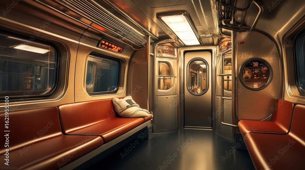 Fototapeta premium An interior vintage subway train, Subway with empty seats. Inside of a train carriage