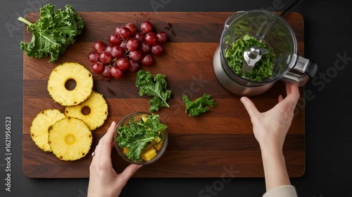 Preparing Healthy Green Smoothie Ingredients: Kale, Pineapple, and Grapes on Wooden Board