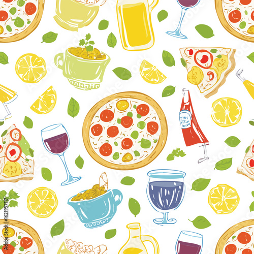 Hand drawn set with elements of italian food. Mediterranean traditional cuisine. Delicious pizza, pasta, olive, seafood, cheese, tomatoes. Modern colorful items for sticker, scrapbooking, print, menu