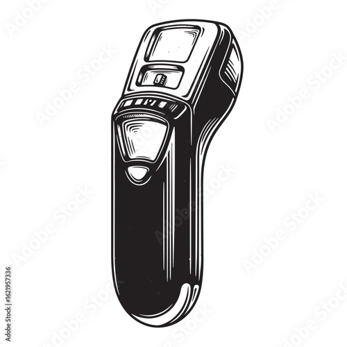 Detailed black and white illustration of a digital infrared thermometer device isolated
