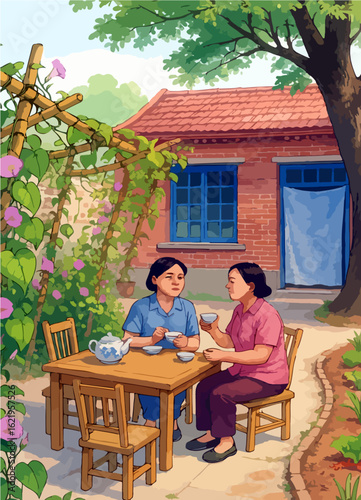 Two women drinking tea in courtyard