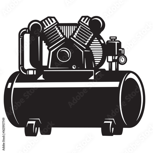 Detailed black and white vector illustration of an industrial air compressor on wheels