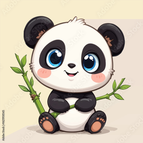 A cute cartoon baby panda with big blue eyes happily sitting and holding a green bamboo branch.