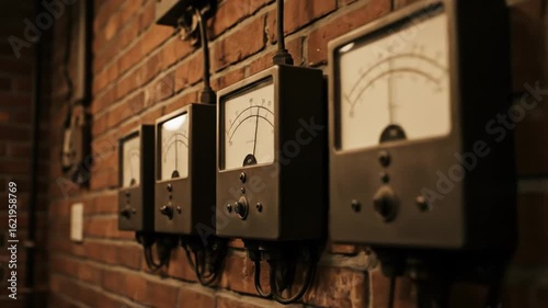 Vintage Electrical Meters Displayed on Brick Wall in Industrial Setting