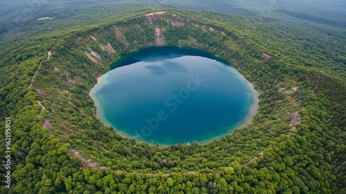 Aerial View of Crater Lake Surrounded by Lush Forest