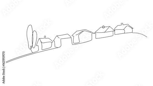 Continuous Line Drawing of Village Houses on a Hillside Vector Illustration for Architecture