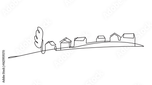 Continuous Line Drawing of Village Houses on a Hillside Vector Illustration for Scenery