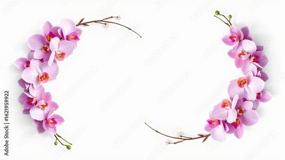 Obraz premium A half-circle orchid wreath with pearls and ribbons, 3D render, isolated on white, clean, minimal, elegant, suitable for wedding designs.