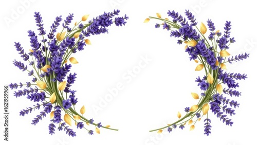 Fototapeta Naklejka Na Ścianę i Meble -  Lavender half-circle wreath with gold leaves/vines, folk art, isolated on white. Minimal, realistic, elegant. Ideal for wedding designs.