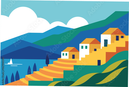 mediterranean style coastline with terraced villag (1).eps