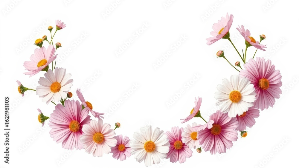 Obraz premium A half-circle cosmos wreath in vintage botanical style. Isolated, clean, minimal, realistic, and elegant. Perfect for wedding designs.