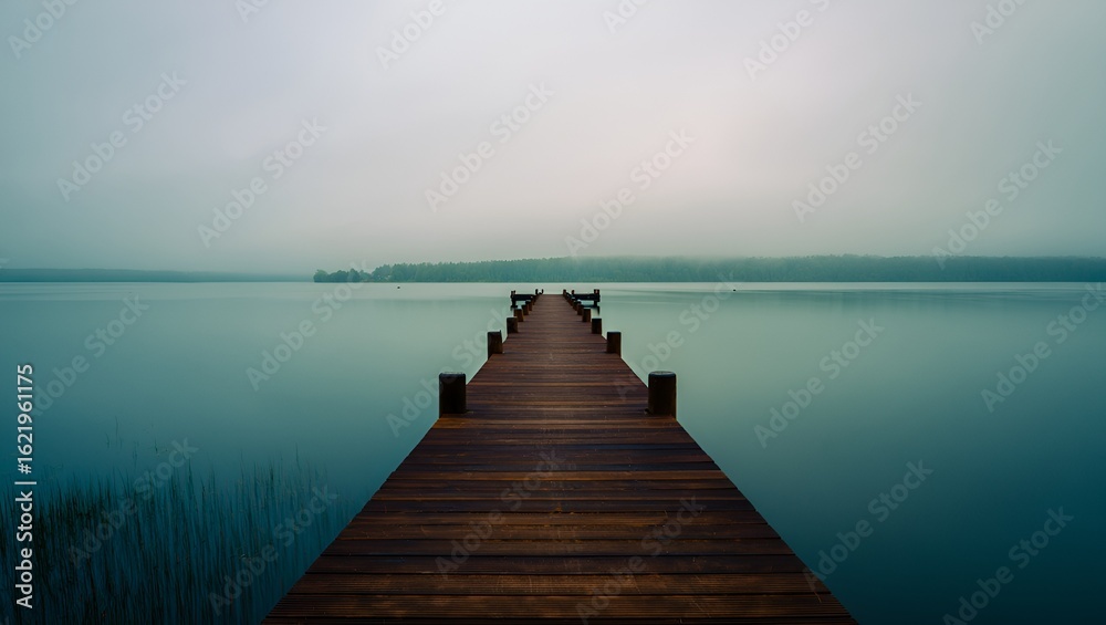 Wooden pier stretches across calm lake under a foggy sky, creating a peaceful, serene atmosphere Wooden pier stretches across calm lake under a foggy sky, creating a peaceful, serene atmosphere