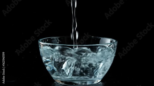 Crystal Glass Filling with Water and Ice Cubes Against Black Background