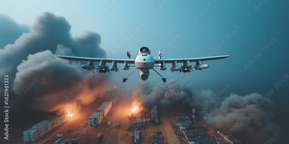 Naklejka premium bomb kamikaze drone concept. Aerial view of military aircraft over a smoky landscape.