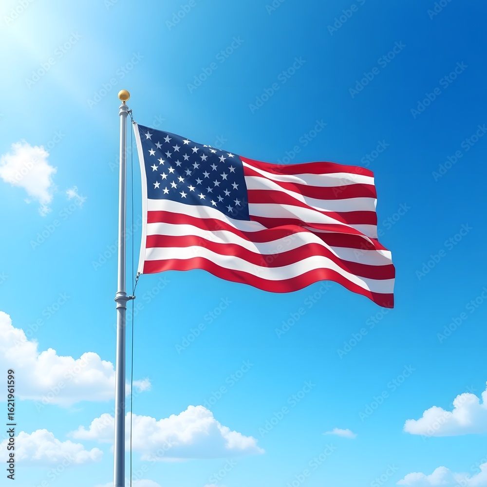 Obraz premium Patriotic American flag waving proudly against a clear blue sky symbolizing freedom and national pride