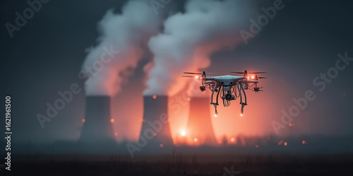 bomb kamikaze drone concept. Pollution with a drone surveying power plant emissions.