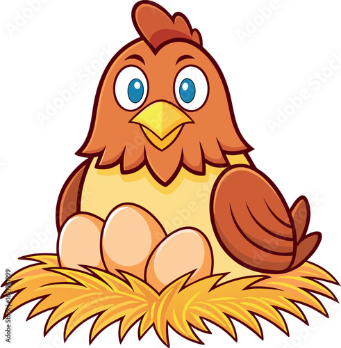 Cute cartoon hen sitting on a nest with three eggs
