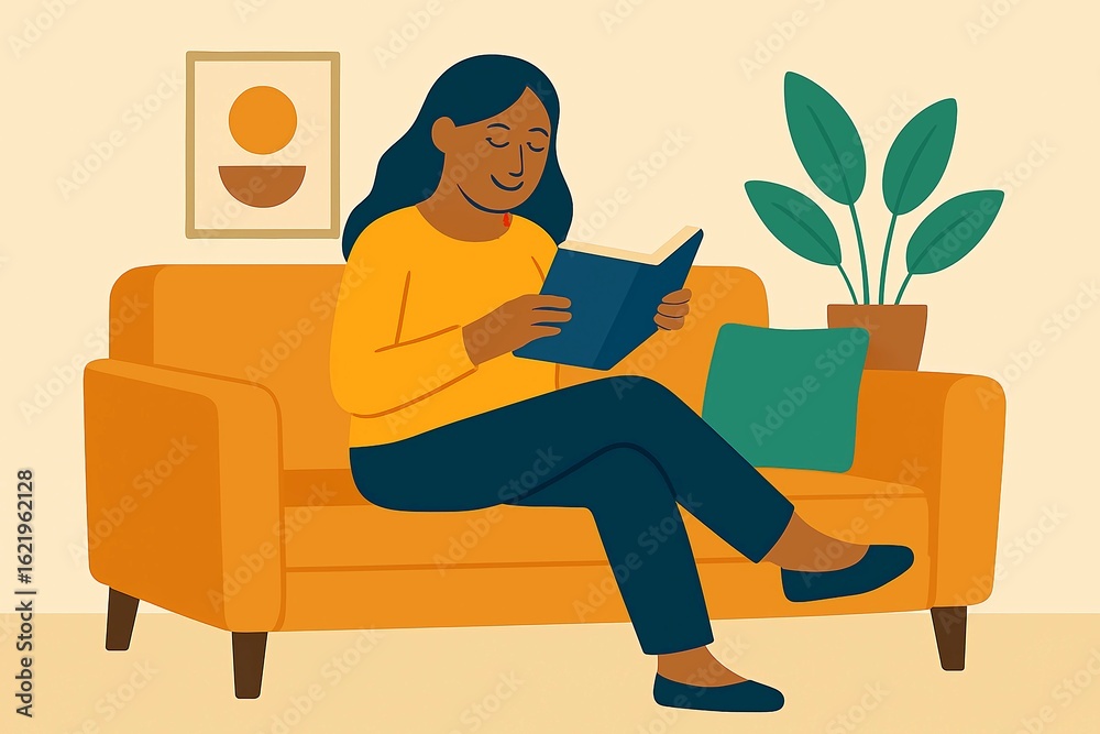 Flat illustration of a woman reading a book on an orange couch with a green pillow and potted plant nearby, evoking comfort, leisure, and peaceful indoor vibes.Woman Reading a Book on a Couch Flat illustration of a woman reading a book on an orange couch with a green pillow and potted plant nearby, evoking comfort, leisure, and peaceful indoor vibes.Woman Reading a Book on a Couch