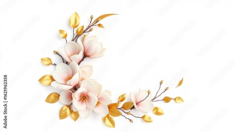 Fototapeta premium Crescent moon floral arrangement of magnolias with gold leaves on white. Elegant, minimal, realistic, suitable for wedding designs.