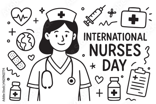 Vector background doodle in black and white for International Nurses Day, including bandages, thermometers, support hands, and appreciation icons outlined with strong bold black ink.

