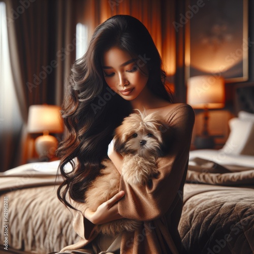 Tender Moment A Young Woman Cradles Her Fluffy Puppy In A Cozy Bedroom Setting