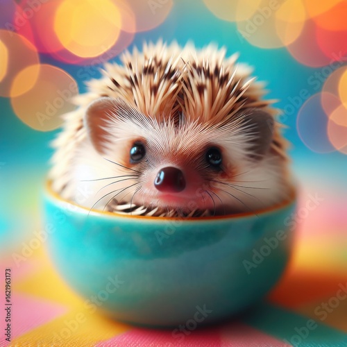 Adorable Tiny Hedgehog Sitting in a Small Teal Bowl with Bokeh Lights Background