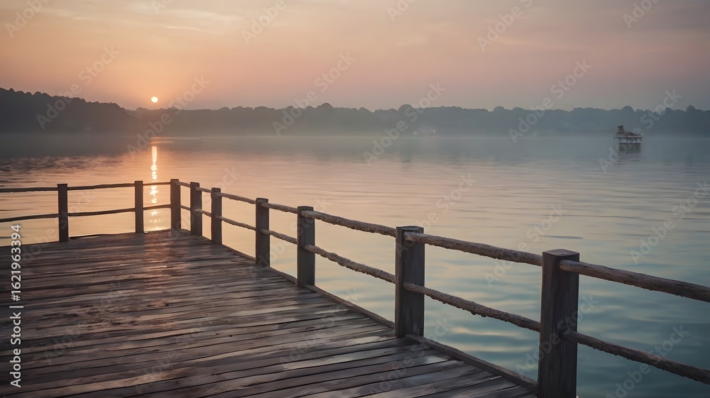Obraz premium Sunset Reflection Over Serene Lake with Wooden Pier