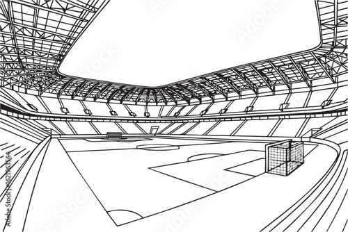 Black and white vector of a football stadium field, showing goals, corner flags, field markings, stands, and scoreboard, all outlined clearly with bold black lines.

