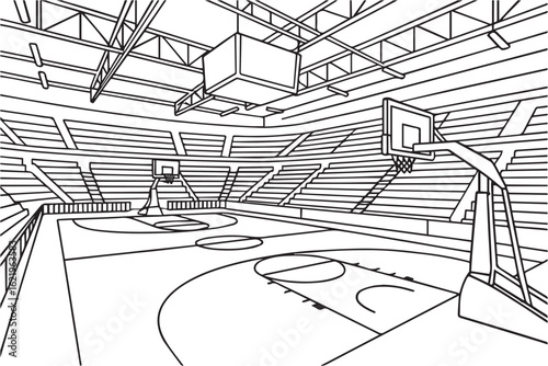 Black and white vector illustration of a basketball stadium court, featuring hoops, seats, lines, scoreboard, and audience area outlined clearly with bold black ink strokes.