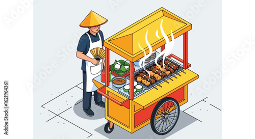 Street vendor grilling satay at his food cart, wearing traditional conical hat.