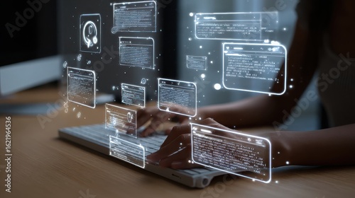 Data Processing with Woman Typing on Keyboard and Floating Windows