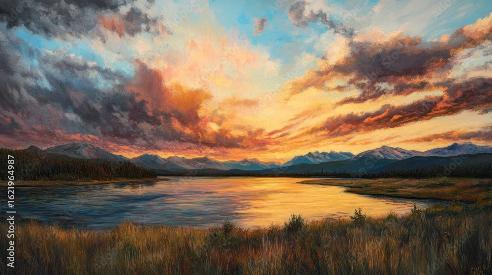 Fototapeta premium Serene mountain lake sunset panorama