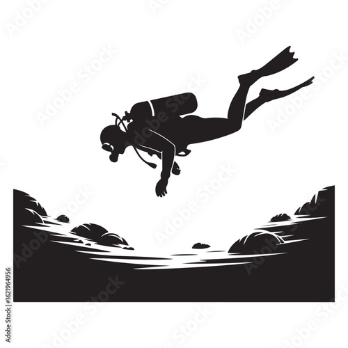 Silhouette of a scuba diver descending into the ocean depths