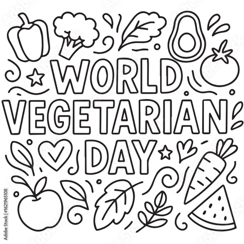 A black and white doodle style vector background for World Vegetarian Day, showing vegetables, healthy plates, plant symbols, and peace icons outlined with solid black ink.