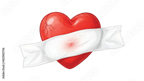 Illustration of a wounded red heart with a white bandage for medical and healthcare designs