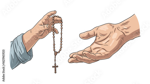 Handing over faith, illustration of a rosary being offered in hand gesture conveying hope and