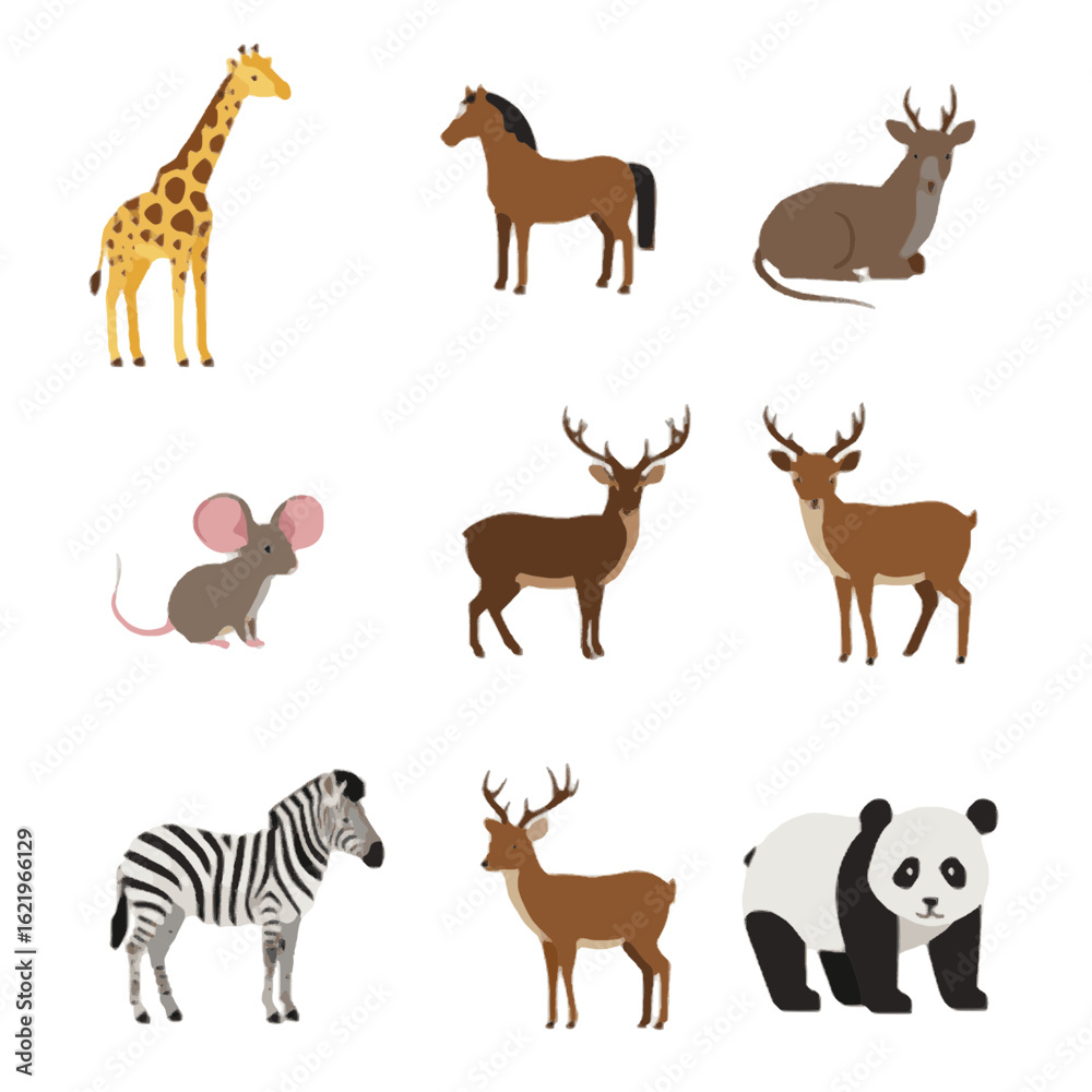Obraz premium Cute Cartoon Animals Illustration Set Giraffe Horse Deer Zebra Panda Mouse