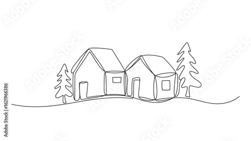 Continuous Line Drawing of Houses and Trees in a Countryside Scene for Real Estate